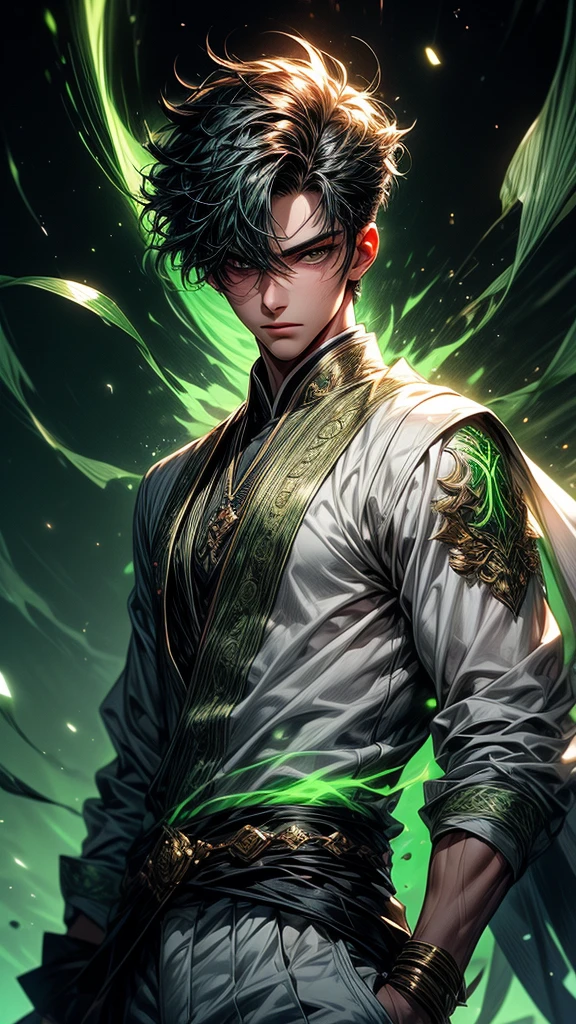 Masterpiece, best quality, high resolution, highly detailed, 1 young boy ( teenager 18 years old), young handsome face, green short hair ( light in the hair), green eyes ( glowing eyes ), cold expression ( cold look ), wearing white and white clothes and pants, , surrounded by the splendors of the universe, pay attention to stunning details, and achieve a resolution of k, floating in a dynamic pose, high quality, with a majestic green aura of authority. Green aura emanating from the character, cold look, devoid of any emotion, dark background, detailed eyes, detailed face, handsome, really short hair, facing camera