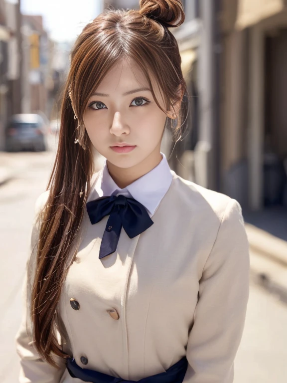 bokeh, masterpiece, analog photo, RAW, beautiful high school girl, Stewardess uniform, Light brown long hair, Light brown beautiful eyes, Blushed face, (Japanese idol:1.5), Plump breast, Stewardes, Looking at the viewer, cowboy shot, sundown Street, Half Twin Hair、Twin tails、Bun Hair、Gal Makeup
