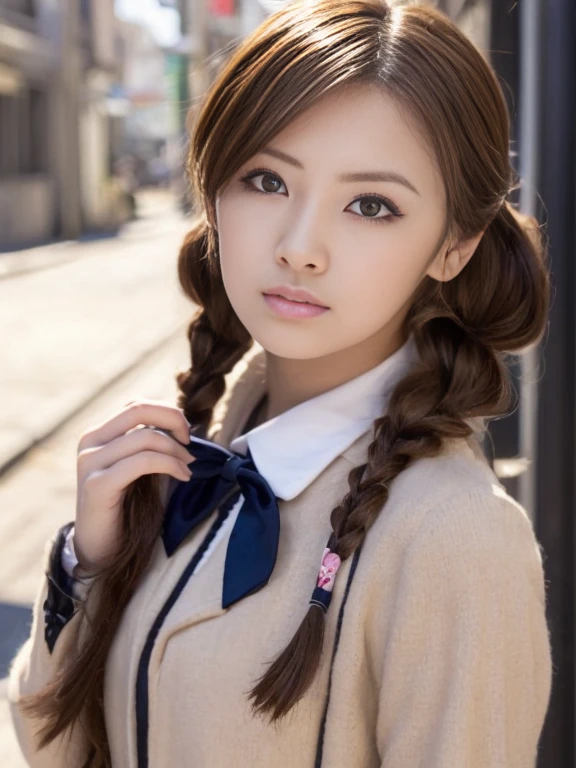 bokeh, masterpiece, analog photo, RAW, beautiful high school girl, Stewardess uniform, Light brown long hair, Light brown beautiful eyes, Blushed face, (Japanese idol:1.5), Plump , Stewardes, Looking at the viewer, cowboy shot, sundown Street, Half Twin Hair、Twin tails、Bun Hair、Gal Makeup

