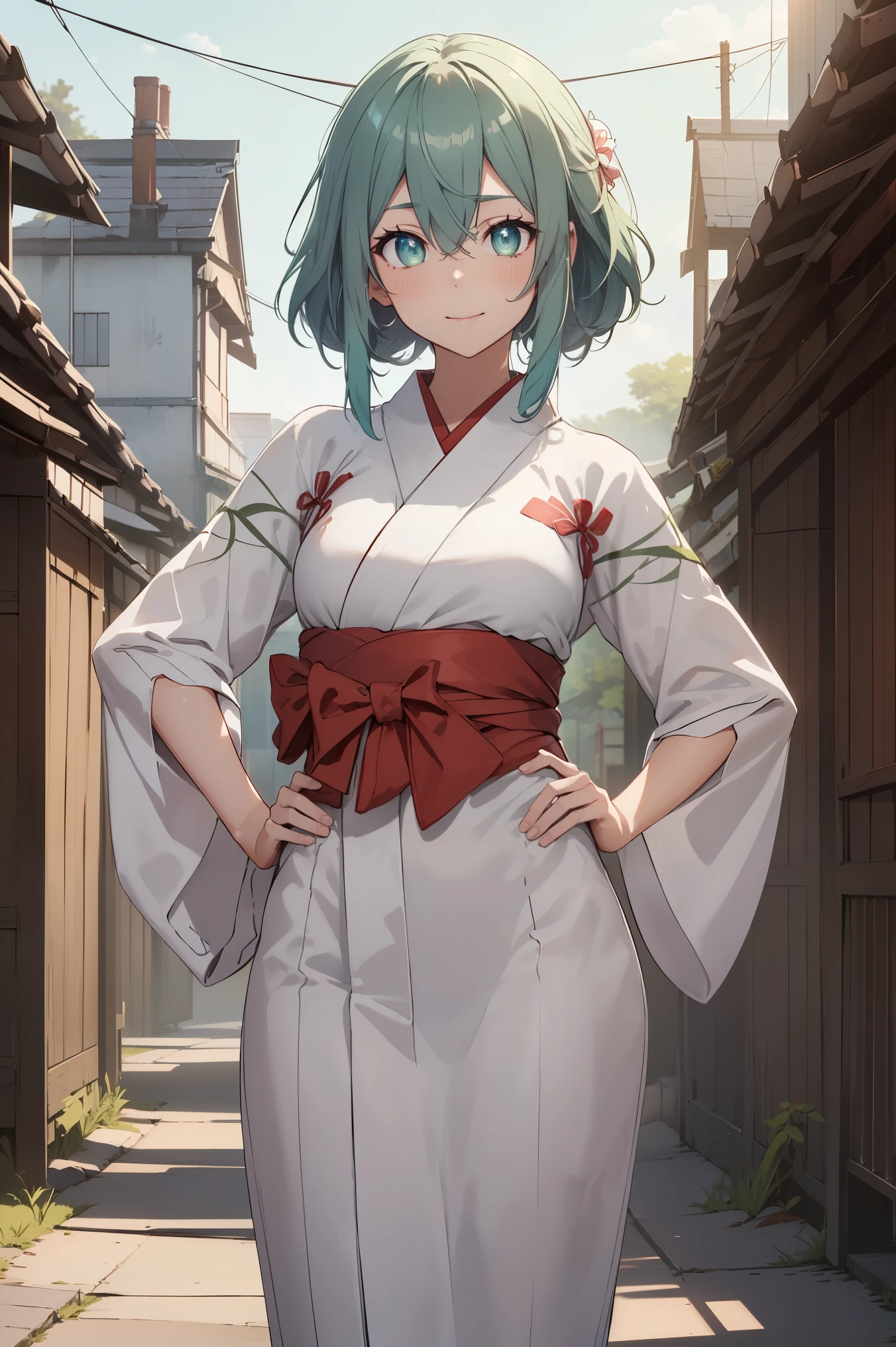 Shinono, green hair,large breats,light smile, BREAK ({white kimono:1.35}, {red hakama:1.35}, {wide sleeves:1.20}:1.5), BREAK city background, medieval, village, old houses, hands on hips, facing the viewer, looking at the viewer, blushing, red face,
BREAK (masterpiece:1.2), best quality, high resolution, unity 8k wallpaper, (illustration:0.8), (beautiful detailed eyes:1.6), extremely detailed face, perfect lighting, extremely detailed CG, (perfect hands, perfect anatomy),