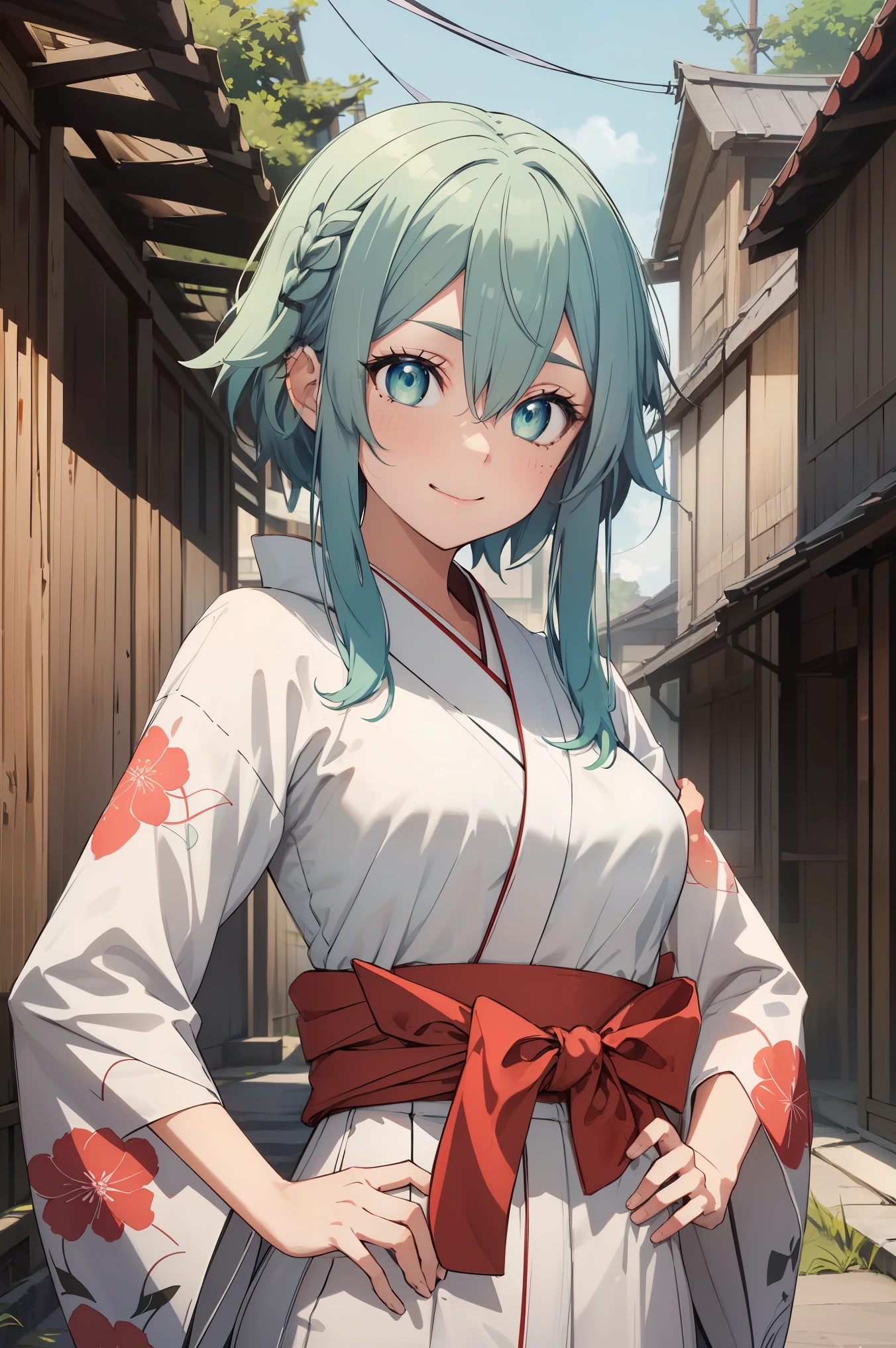 Shinono, green hair,large breats,light smile, BREAK ({white kimono:1.35}, {red hakama:1.35}, {wide sleeves:1.20}:1.5), BREAK city background, medieval, village, old houses, hands on hips, facing the viewer, looking at the viewer, blushing, red face,
BREAK (masterpiece:1.2), best quality, high resolution, unity 8k wallpaper, (illustration:0.8), (beautiful detailed eyes:1.6), extremely detailed face, perfect lighting, extremely detailed CG, (perfect hands, perfect anatomy),