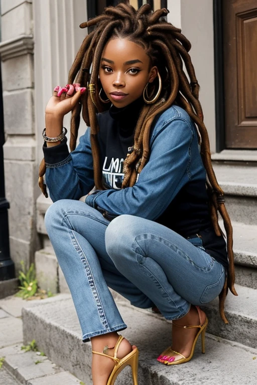 Une femme noire avec des dreads locks fines et une frange, un jean et des talons compensées.