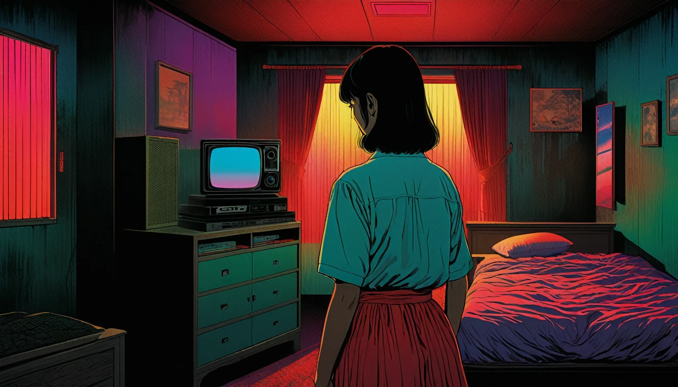 An illustration、art、80s Thai horror movie poster, Supervised by Junji Ito、(Japanese-style room:1.2)、Attention to detail, Realistic Shadows、Analog Style, chromatic aberration, Surrealism、Complementary Gradient