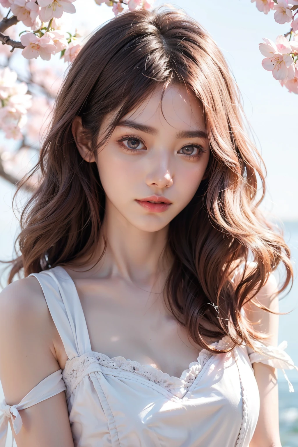 light pink hair, pink eyes, pink and white, cherry blossom leaves, Bright colors, white dress, paint splash, simple background, ray tracing, Wavy hair adapt