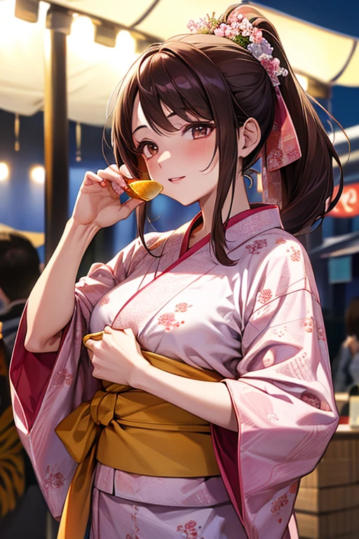 A scene of a beautiful woman in her mid-twenties at a summer festival。She has long, straight, dark hair tied back in a loose ponytail.。Skin is whitened、They have large, expressive brown eyes.。(She is wearing a traditional yukata with a blue and white floral pattern.、Contrasting colors, Wearing a red or yellow sash)。((The makeup is natural、She has pale pink blush and light lipstick.))。Colorful food stalls in the background、Lantern、People who enjoy the festival々There are。In the evening scene、Lanternの暖かい黄金色の光が彼女の顔を照らしている。