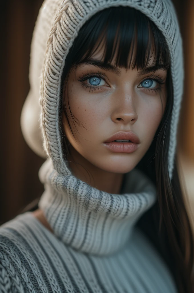 16 years old Megan Fox, ultra-detailed Nordic eyes, ((bangs)), knit sweater, (((masterpiece, ultra-detailed face))).