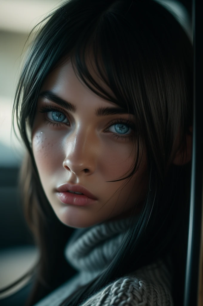 Megan Fox, ultra-detailed Nordic eyes, ((bangs)), knit sweater, (((masterpiece, ultra-detailed face))).