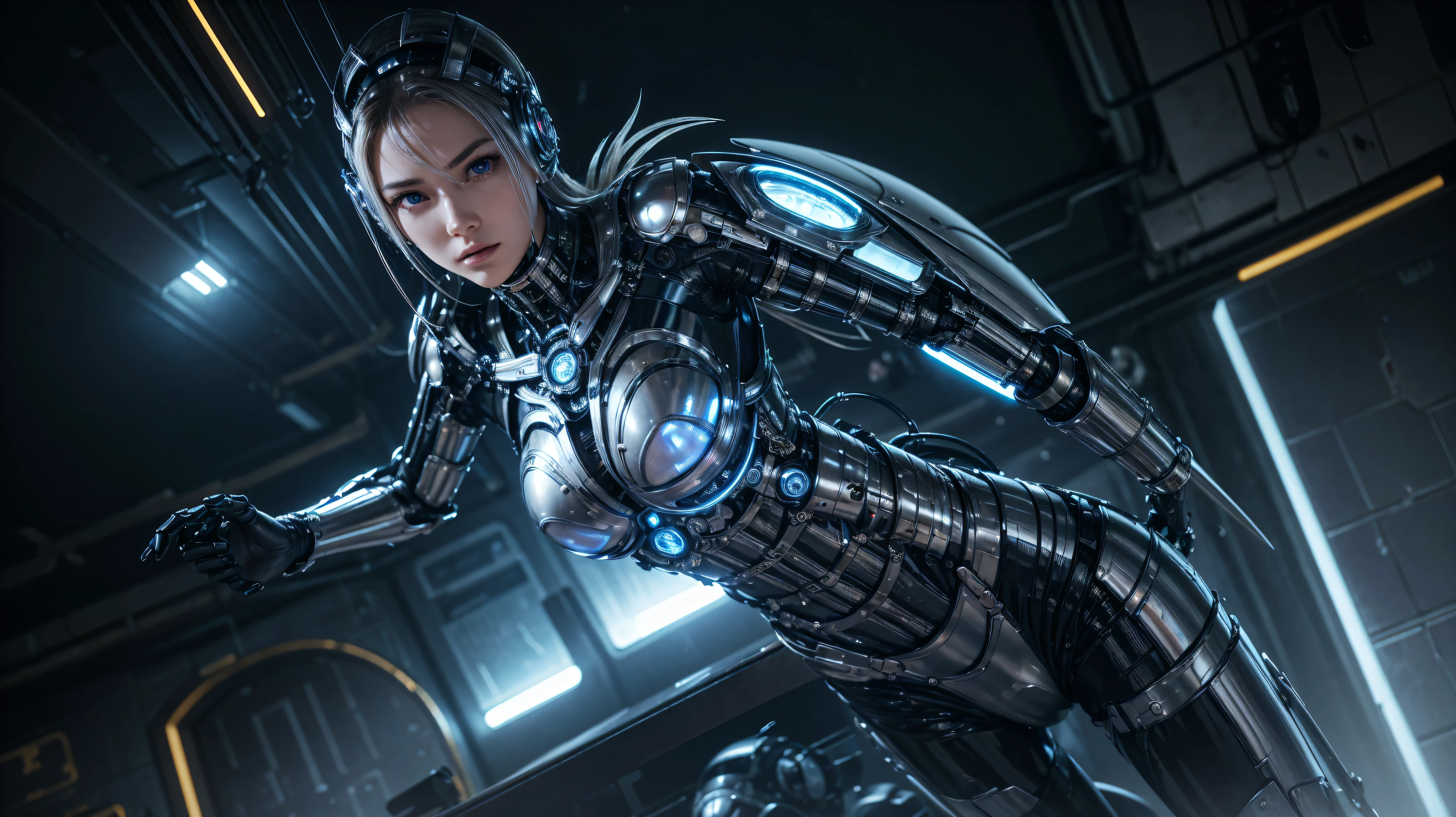a silver hawk, cybernetic woman, mechanical cybernetic armor, stylized sci-fi armor, detailed intricate sci-fi mechanical design, intricately detailed machinery, highly detailed gears and components, advanced robotic technology, sleek futuristic aesthetic, metallic silver and blue color scheme, cinematic dramatic lighting, photorealistic render, 8k, best quality, hyper detailed, ultra-fine painting, physically-based rendering, extreme detail description, vivid colors, cinematic composition