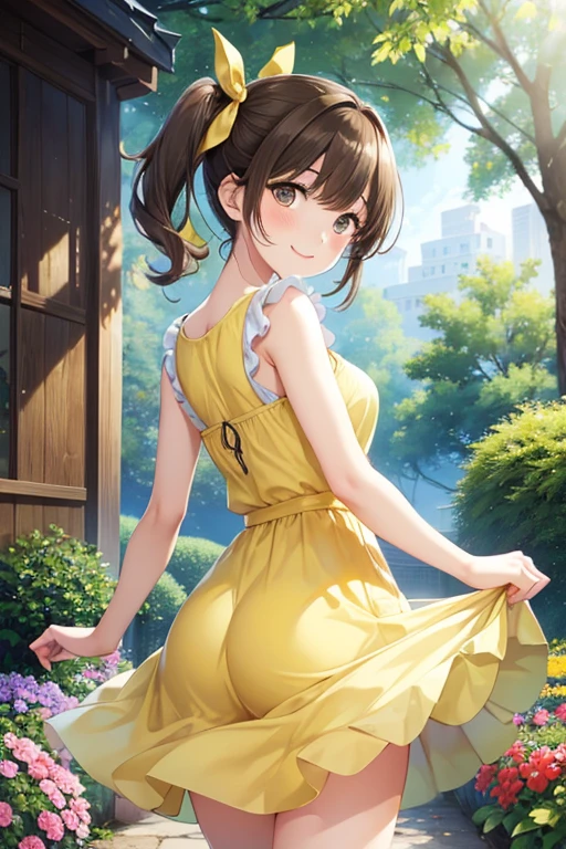 Nene Kasaki々、Shiny brown hair, short hair, beautiful茶色の目、smile、Sparkling eyes, (fine grain)、Very fine eye、Highly detailed face, Highly detailed eyes,


(masterpiece:1.3, Highest quality, Ultra-high resolution, Super detailed), Cowboy Shot、

 One woman，masterpiece, Highest quality, One girl, alone,  Side Ponytail, Hair Ribbon, From behind, (yellow sundress:1.3), 
 sunlight, Sunbeam, From below, looking return, smile, blush, garden, Outdoor, Fantasy, beautiful, 絵のようにbeautiful, Butt, return, returnless outfit,