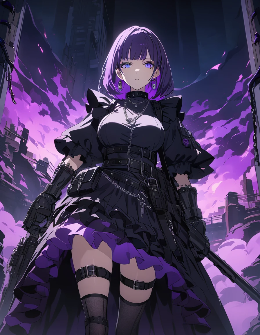 iridescent blue eyes, long black and purple hair, earrings, necklace, gothic style, webbed belt, tactical, pouches, chains, black maid outfit, black apron, weapon Holster, webbed belt, tactical, pouches, frilly skirt, metal gloves, black thigh highs, Long eyelashes, eye shadow, first rate breasts, large breasts, ominous vibe, expressionless, stoic, purple light glow, purple fire, shadowy, Ultra quality, UHD, high detail, anime aesthetic, Anime screenshot, Ultra quality, UHD, high detail