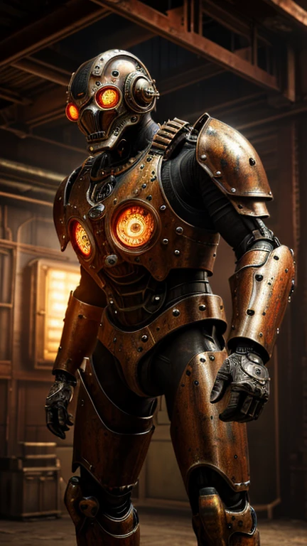 A large, imposing mechanical creature, steampunk style, intricate gears and mechanisms, glowing red eyes, powerful metallic limbs, industrial background, dramatic lighting, cinematic composition, highly detailed, photorealistic, 8k, intricate details, complex machinery, aged patina, rust and wear, atmospheric, moody, science fiction, (best quality, 4k, 8k, highres, masterpiece:1.2), ultra-detailed, (realistic, photorealistic, photo-realistic:1.37), HDR, UHD, studio lighting, ultra-fine details, physically-based rendering, extreme detail description, professional, vivid colors, cinematic