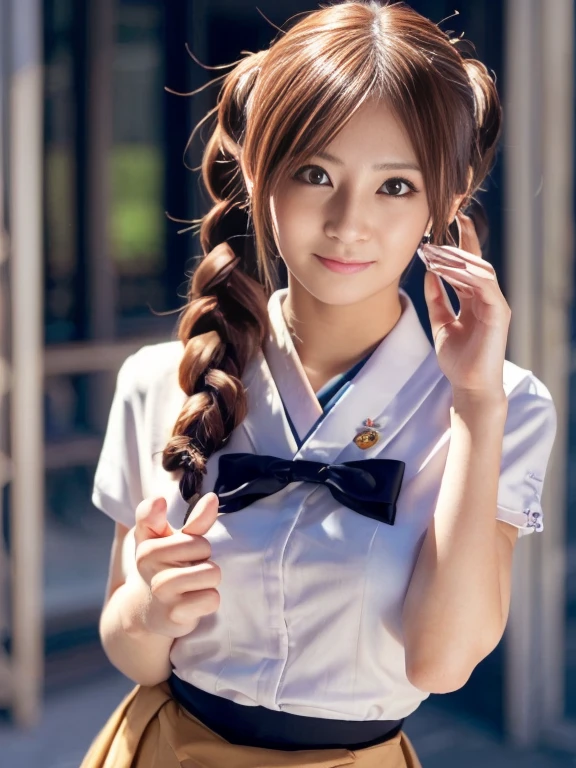 bokeh, masterpiece, analog photo, RAW, beautiful high school girl, Stewardess uniform, Light brown long hair, Light brown beautiful eyes, Blushed face, (Japanese idol:1.5), Plump breast, Stewardes, Looking at the viewer, cowboy shot, sundown Street, Half Twin Hair、Twin tails、Bun Hair、Gal Makeup、(((Zukkyun pose)))