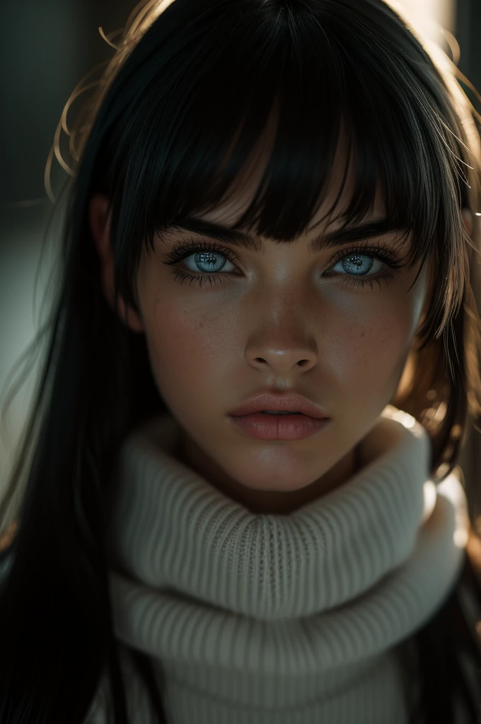 Megan Fox, ultra-detailed Nordic eyes, ((bangs)), knit sweater, (((masterpiece, ultra-detailed face))).