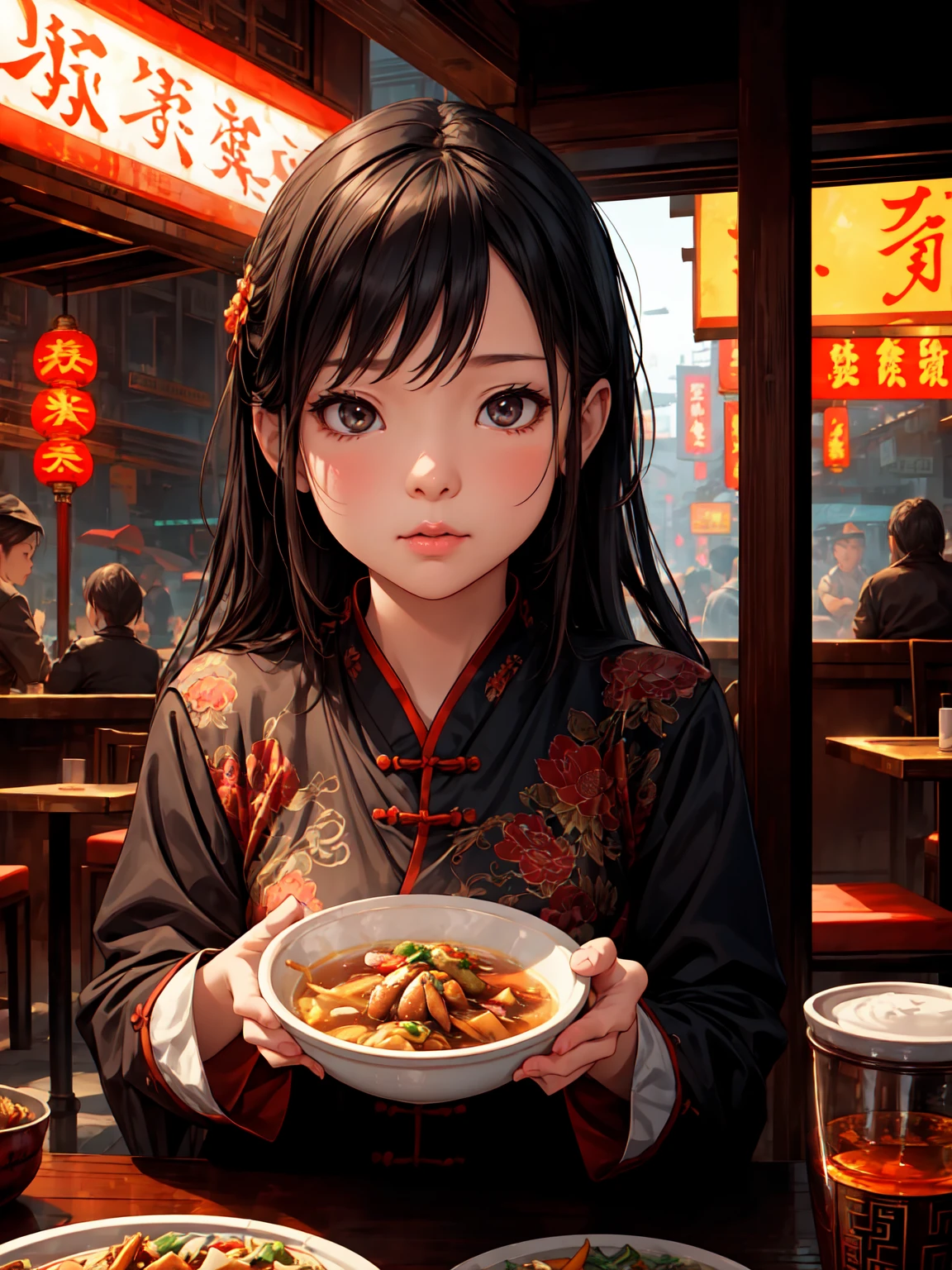 a girl overeating at a chinese restaurant, detailed facial features, high-quality, realistic, photorealistic, 8k, hyperdetailed, cinematic lighting, warm color tones, vibrant colors, intricate details, chiaroscuro lighting, moody atmosphere, dynamic composition, dramatic shadows, bokeh background