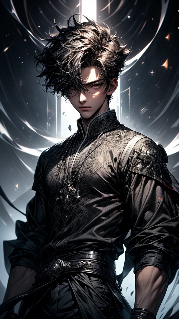 Masterpiece, best quality, high resolution, highly detailed, 1 young boy ( teenager 18 years old), young handsome face,  gery short hair ( light in the hair), black eyes ( glowing eyes ), cold expression ( cold look ), wearing white and white clothes and pants, , surrounded by the splendors of the universe, pay attention to stunning details, and achieve a resolution of k, floating in a dynamic pose, high quality, with a majestic grey aura of authority. Grey aura emanating from the character, cold look, devoid of any emotion, dark background, detailed eyes, detailed face, handsome, really short hair, facing camera 