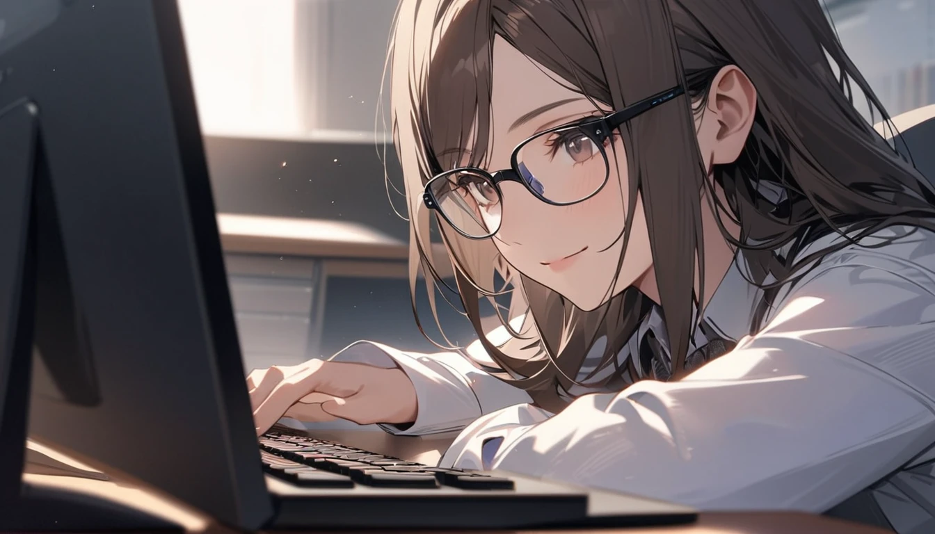 パソコンで仕事をするProfessionalグラマー,Portraiture,Professional,Wearing a smart suit,Stylish glasses,Typing on a sophisticated computer,Use a wireless mouse,Sitting at a modern desk,A soft smile,Soft natural light,High resolution,High resolution,Very detailed.One Woman ,alone, Dark brown hair ,Undistorted keyboard, focusing
