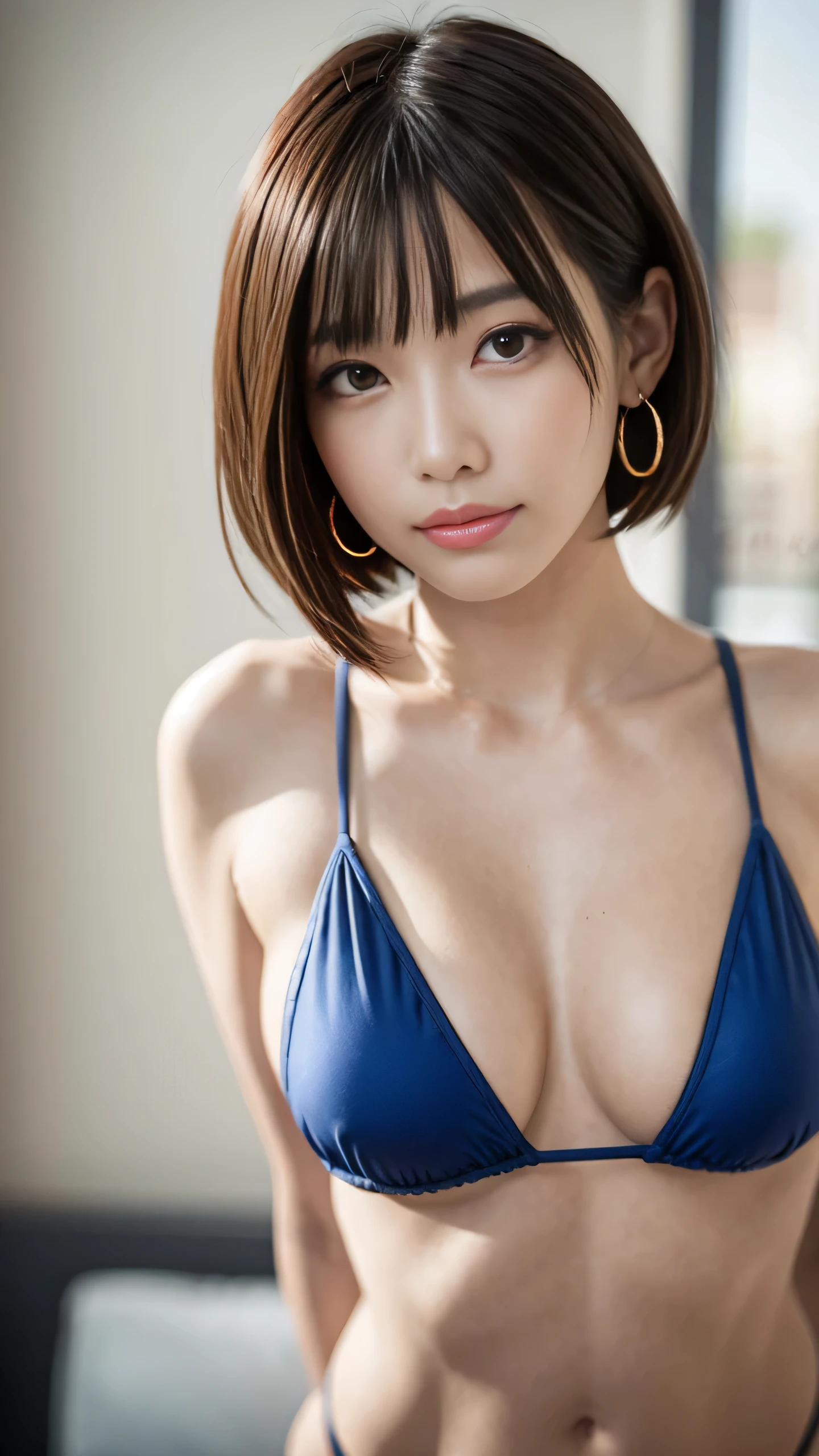 ((((Looking into the cameraWoman)))),(Brown short hair, Droopy eyes, slightly drooping eyebrows,:1.3),smile, Looking into the camera、Bob Cut Hairstyles、Light brown hair、,(eye shadow:1.2),(eyeliner:1.2),(mascara:1.2),(Red cheeks:1.2),(sexy lipstick:1.2),K-POPアイドル、((((Belly short cut hairstyle)))、Bangs with earrings、Very sexy blue ultra micro bikini))) 、
