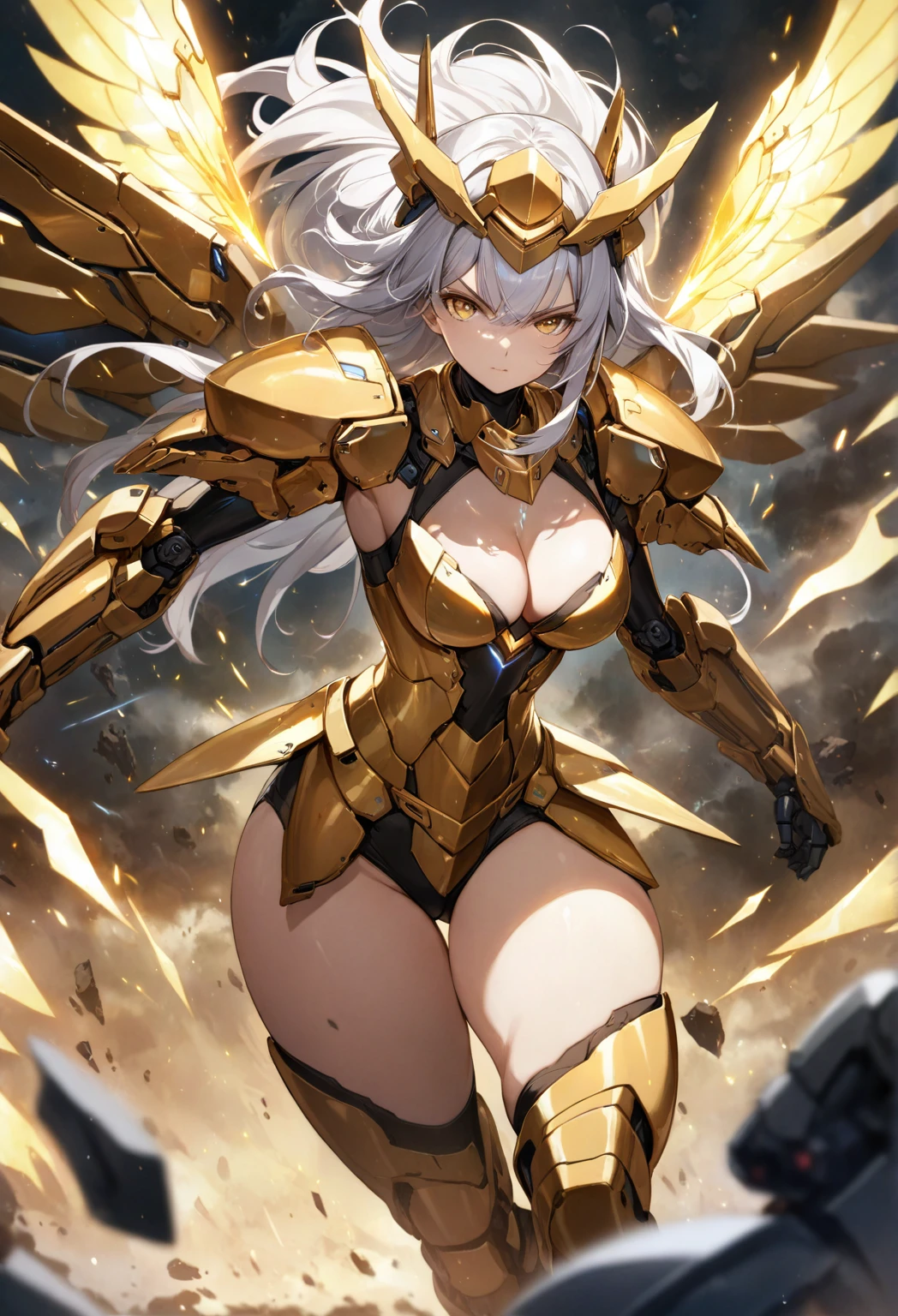 score_9_up, score_8_up, score_7_up, source_anime,masterpiece, best quality, high resolution, extremely detailed CG, absurdres, highres, 1girl, solo, a mecha girl in golden armor with glowing mecha_wings fights at battlefield, ((body surrounded by yellow Battle Aura and lighting)), wings of light, long hair, white_hair, glaring, cleavage, thighs, off-shoulder, (((Shining Armor, glittering Armor))),((mecha wings)), headgear, flying, blue sky, full body, from below, Futuristic, ((aura,Battle Aura, lighting),good_hands