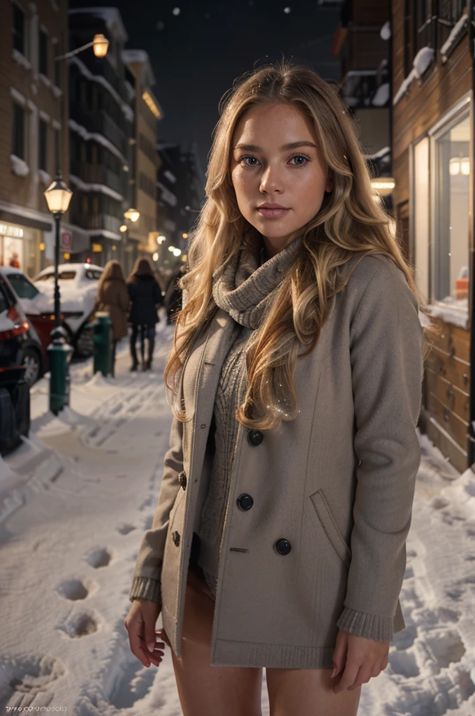 professional portrait photograph of a gorgeous Norwegian girl in winter clothing with long wavy blonde hair, sultry flirty look, gorgeous symmetrical face, cute natural makeup, wearing elegant warm winter fashion clothing, ((standing outside in snowy city street)), stunning modern urban environment, ultra realistic, concept art, elegant, highly detailed, intricate, sharp focus, depth of field, f/1. 8, 85mm, medium shot, mid shot, (((professionally color graded))), bright soft diffused light, (volumetric fog), trending on instagram, hdr 4k, 8k