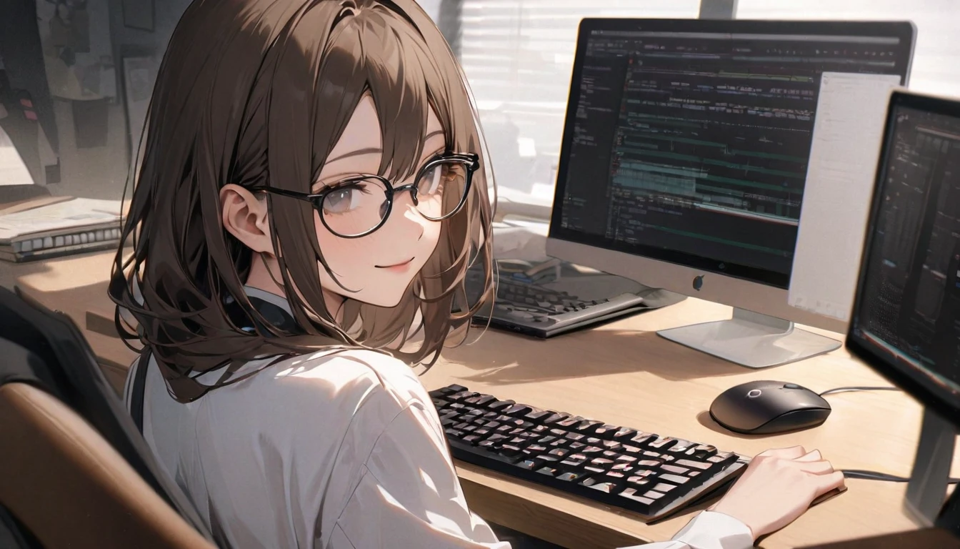パソコンで仕事をするProfessionalグラマー,Portraiture,Professional,Wearing a smart suit,Stylish glasses,Typing on a sophisticated computer,Use a wireless mouse,Sitting at a modern desk,A soft smile,Soft natural light,High resolution,High resolution,Very detailed.One Woman ,alone, Dark brown hair ,Undistorted keyboard, focusing