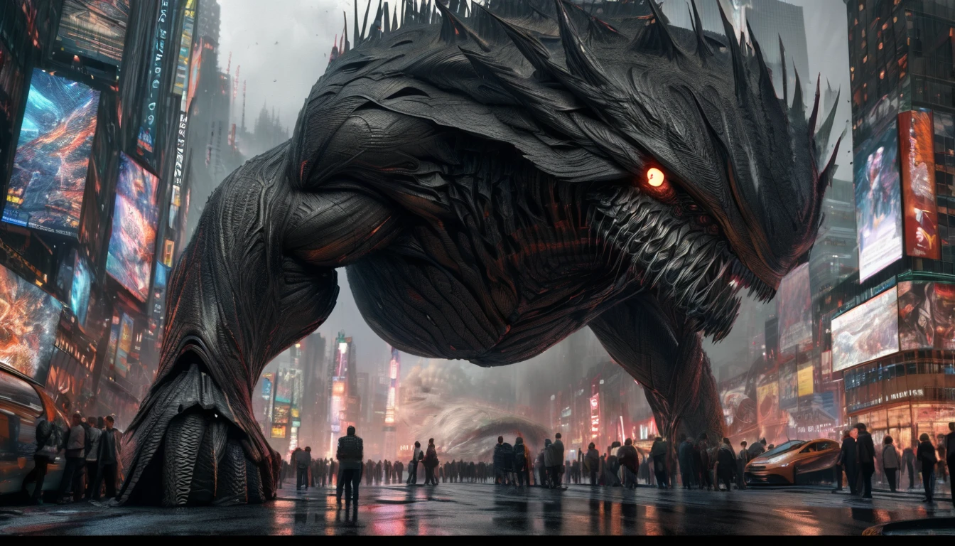 Illustrate a colossal, 500-meter-tall Kaiju attacking New York City. The Kaiju should have a grotesque, alien appearance with multiple eyes and a twisted, furious expression. Show it wreaking havoc in Times Square, with skyscrapers crumbling and cars overturned. The dynamic composition should focus on the Kaiju’s expressive face and the intricate details of its skin, using photorealistic effects and dramatic lighting. Highlight the tension and awe inspired by the Kaiju's immense scale and destructive power. 8K, extremely detailed, intricate details, photorealistic, masterpiece, cinematic lighting, dynamic composition, muted color palette, moody atmosphere, dramatic shadows, awe-inspiring scale, kaiju with expressive faces, maid uniform with delicate lace and ribbons, lair with intricate architecture and advanced technology, cityscape in the background with skyscrapers and landmarks, FOCUS ON THE CREATION OF FACE