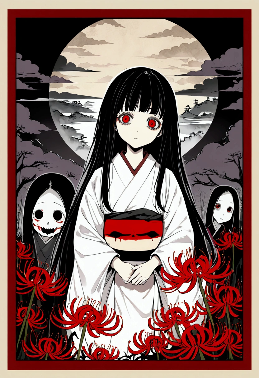 Lots of Red Spider Lily, Outline warm color, Long black hair,Red Eyes。Tears of Blood。Droopy eyes。Pure white kimono。 Light colors。Abstract background。nightmare, Doll-like face, Manga style, rough sketch, Horror elements, (masterpiece), (High resolution), (Very delicate), (clear), (drawing style), warm color, (Horror elements), Japan画, whole body, angle, spooky, Japan, , old picture scroll style, , crazy illustration, antique, Dark atmosphere,, , spooky外観, , creative accessories,