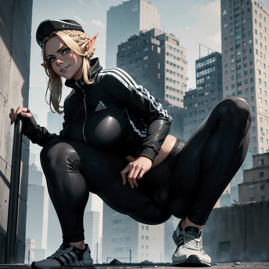 (masterpiece), (cinematic lighting), elf female, dmarci, solo, adidas sport clothes, (adidas tracksuit pants), (tracksuit:1.2), big breasts, curvy body, squatting, winter, black flat leather driving cap, winter, industrial soviet apartment building on the background, looking at the camera, smirking, shot from beneath, depressed atmosphere