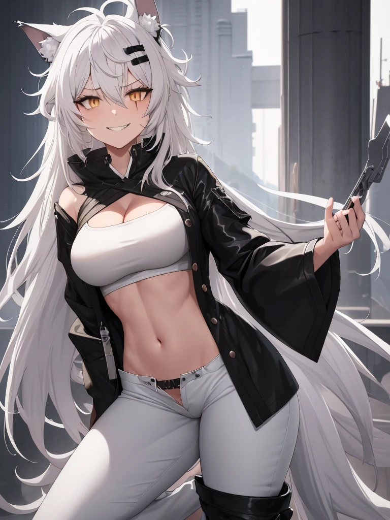 best quality, masterpiece, highres, solo character, solo, animal_ears, wolf_ears, long_hair, scar, bangs, scar_across_eye, hair_ornament, hairclip, scar_on_face, hair_between_eyes, grey_eyes, smile, grey_hair, white_hair, upper_body, Anime art, tall anime woman. muscular body, (((dirty white hair messy hair))), Amber Orange eyes, white loose Tube top, cleavage, exposed belly skin, (((black long skinny pants))), black combat boots, white tail and cat ears, ultra high detail face, ultra high detail eyes, evil grin expression. hands on hips pose, looking at viewer. mechanic workshop background. super high detail eyes, very detailed eyes.