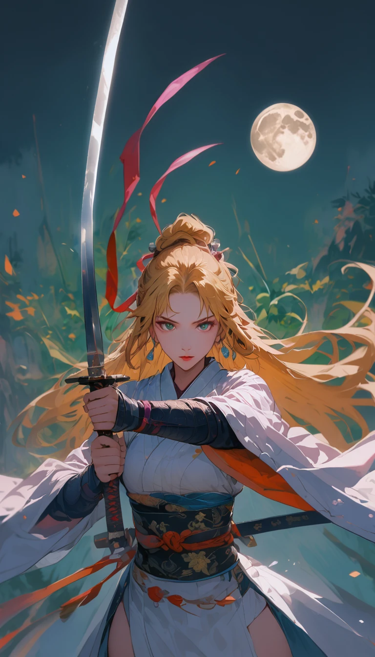 1 most beautiful woman, shining pupils, Ninja, earring, bijouterie, long hair, wind, moon, precision weapon, Detailed wording, Vivid color,