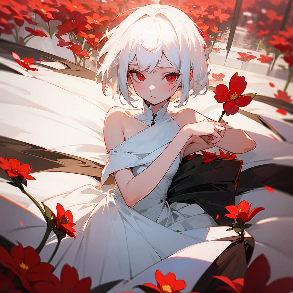 

a girl with short white hair  shoulder-length, red eyes, wearing a white dress lying on a red flower garden