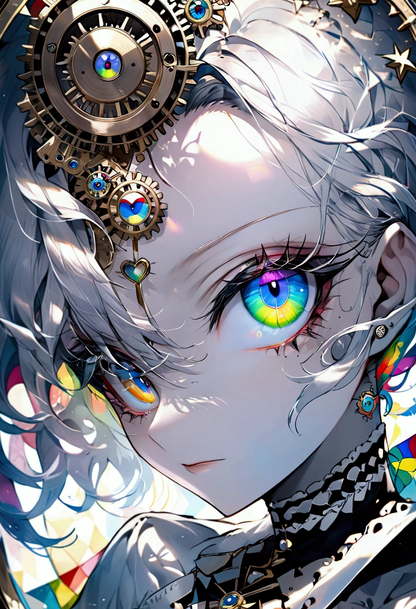 Highest quality, Super Fine, 16K, Incredibly absurd, Very detailed, delicate and dynamic, A stained glass kaleidoscope made of gemstones of different colors, With mechanical mechanism, Clockwork mechanics, and gear mechanism, A monochrome girl peering into it, (Heterochromia iridis, Star-shaped pupil, Heart-shaped pupils), Lighting Effects, Prism Effect, Mirror Effect, Rainbow World Artwork 、fractal、Tyndall、Millefolio、