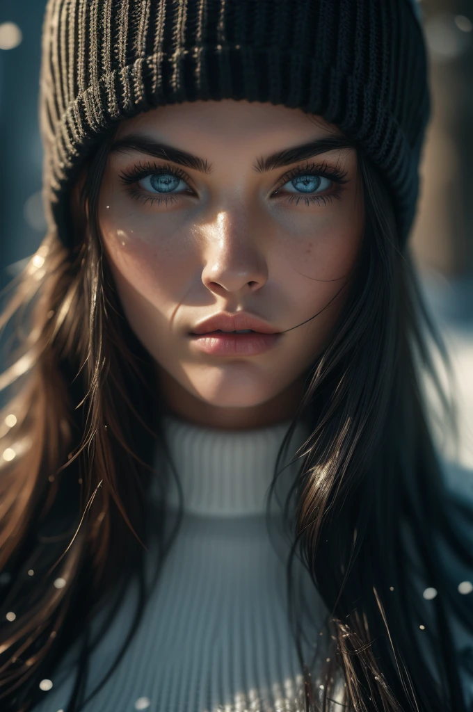  Megan Fox, ultra-detailed Nordic eyes, ((bangs)), knit sweater, winter snow, (((masterpiece, ultra-detailed face))).