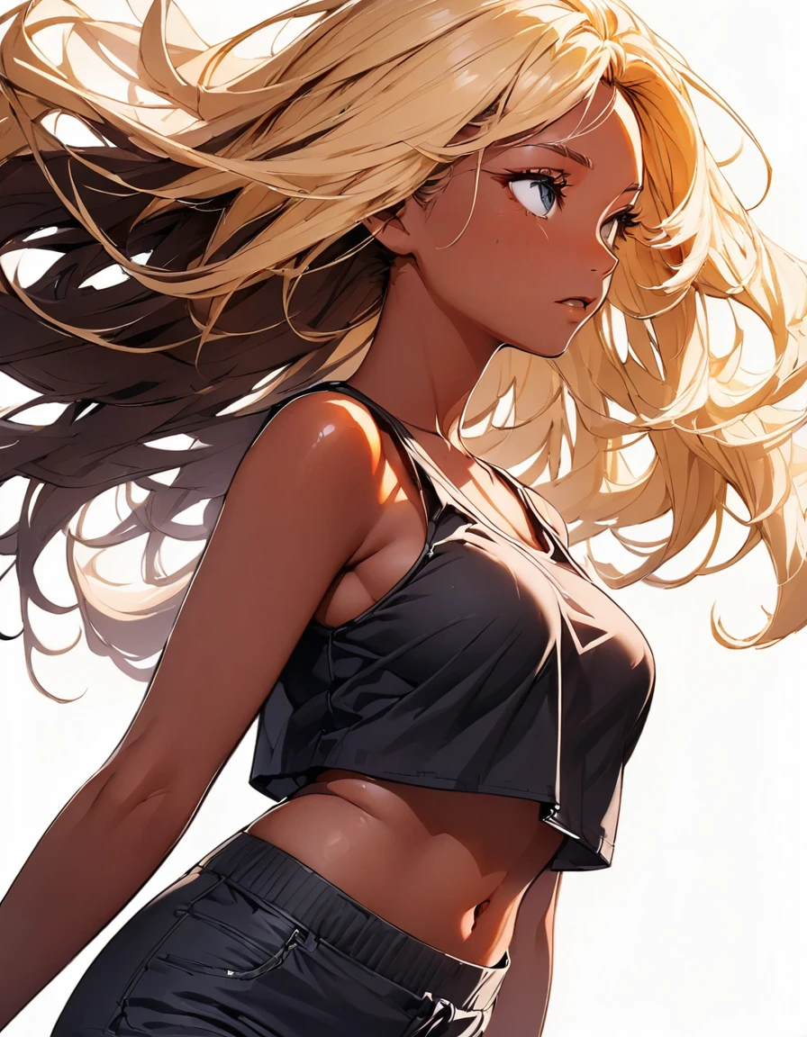 (highest quality:1.2, Very detailed, up to date, Vibrant, Ultra-high resolution, High Contrast, masterpiece:1.2, highest quality, Best aesthetics), Portraiture、girl、slim, Bright colors、Beautiful fine details、Beautiful lip detail、long hair, ((wavy hair:0.4))、messy hair, blonde and blue ((streaked hair:1.3)), highlights hair: 1.3, (medium breast:1), (tan skin:1.3), black tank top, crop top navel, short pants, standing, looking ahead:1, (from front:1), (upper body), (No background:1.5), ((Plain white background:1.6)),