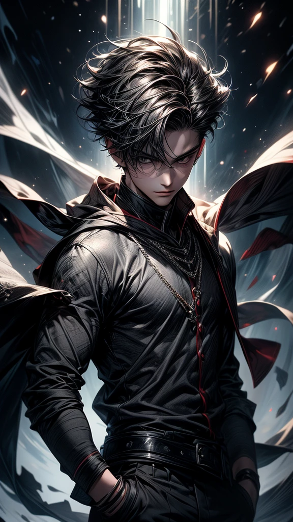 Masterpiece, best quality, high resolution, highly detailed, 1 young boy ( teenager 18 years old), young handsome face, gery short hair ( light in the hair), black eyes ( glowing eyes ), cold expression ( cold look ), wearing white and white clothes and pants, , surrounded by the splendors of the universe, pay attention to stunning details, and achieve a resolution of k, floating in a dynamic pose, high quality, with a majestic grey aura of authority. Grey aura emanating from the character, cold look, devoid of any emotion, dark background, detailed eyes, detailed face, handsome, really short hair, facing camera