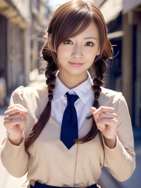 bokeh, masterpiece, analog photo, RAW, beautiful high school girl, Stewardess uniform, Light brown long hair, Light brown beautiful eyes, Blushed face, (Japanese idol:1.5), Plump breast, Stewardes, Looking at the viewer, cowboy shot, sundown Street, Half Twin Hair、Twin tails、Bun Hair、(Gal Makeup)、(((Zukkyun pose)))、Braid
