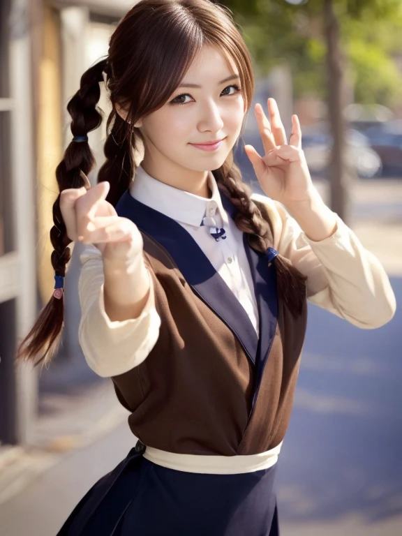 bokeh, masterpiece, analog photo, RAW, beautiful high school girl, Stewardess uniform, Light brown long hair, Light brown beautiful eyes, Blushed face, (Japanese idol:1.5), Plump breast, Stewardes, Looking at the viewer, cowboy shot, sundown Street, Half Twin Hair、Twin tails、Bun Hair、(Gal Makeup)、(((Zukkyun pose)))、Braid