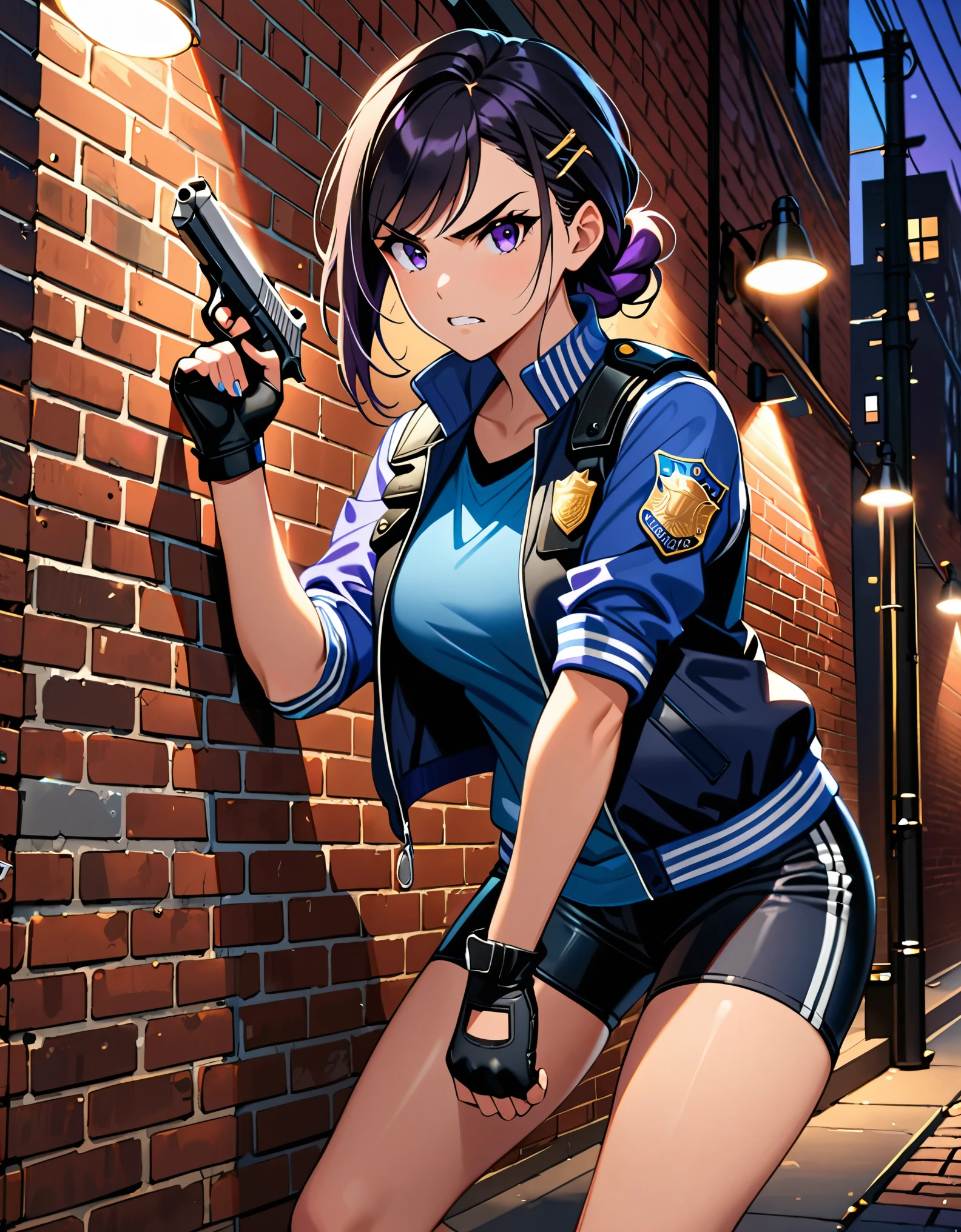 (masterpiece), (best quality), (high res), highly detailed, professional, 1girl, solo, solo focus, undercover police officer, serious, v-shaped eyebrows, perfect hands, complete fingers, blue varsity jacket, blue t-shirt, biker shorts, socks, matching sneakers, fingerless gloves, assault vest, Hairpin, police ID badge hanging on neck, sleeves rolled up, holding pistol, Beretta 92, leaning at wall, serious and stoic, looking away, brick wall, searchlights, Brooklyn, New York, midnight, Cowboy Shot, Black Hair, Braid, Ahoge, Parted Bangs, Single Braid, Swept Bangs, Purple Eyes, Clenched Teeth, intense atmosphere.