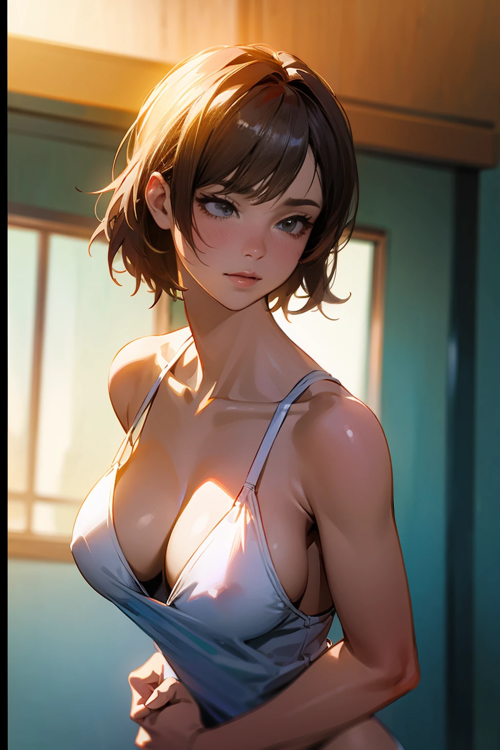 1 woman, standing, swimsuit, front view, close-up, bright lighting, indoor, plain background, neutral expression, athletic build, short hair, (best quality,4k,8k,highres,masterpiece:1.2),ultra-detailed,(realistic,photorealistic,photo-realistic:1.37),HDR,UHD,studio lighting,ultra-fine painting,sharp focus,physically-based rendering,extreme detail description,professional,vivid colors,bokeh,portrait,photography,natural lighting,warm colors