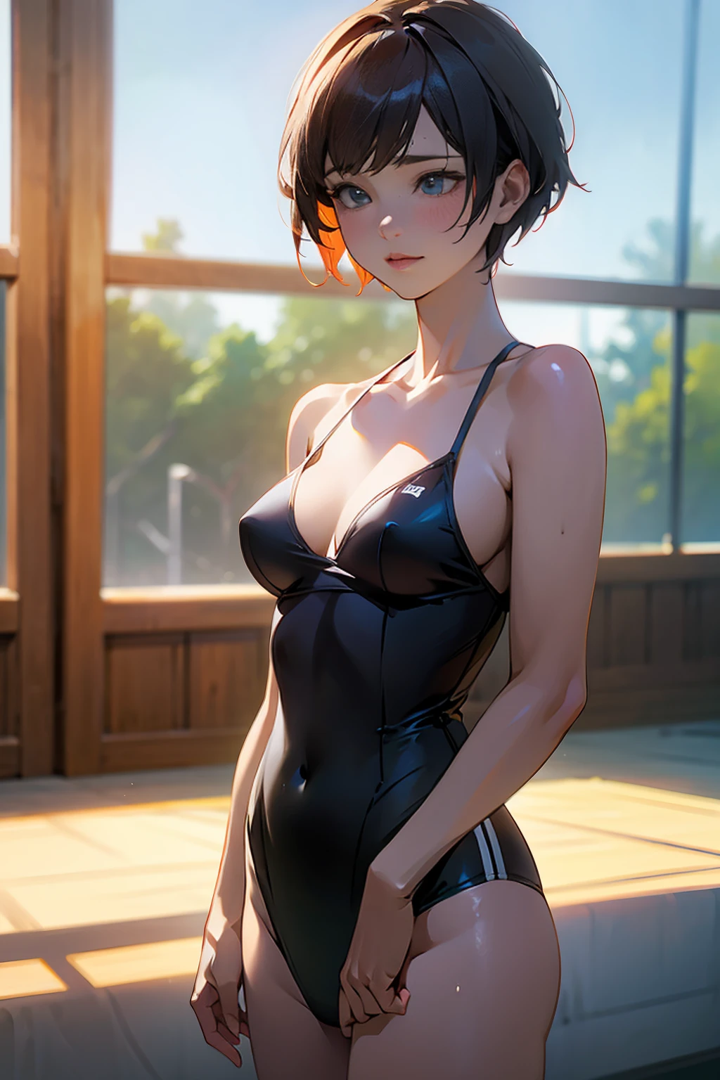 1 woman, standing, swimsuit, front view, close-up, bright lighting, indoor, plain background, neutral expression, athletic build, short hair, (best quality,4k,8k,highres,masterpiece:1.2),ultra-detailed,(realistic,photorealistic,photo-realistic:1.37),HDR,UHD,studio lighting,ultra-fine painting,sharp focus,physically-based rendering,extreme detail description,professional,vivid colors,bokeh,portrait,photography,natural lighting,warm colors