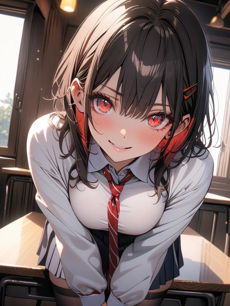 1girl,(long black hair),(red eyes),(Big breasts),(School clothes}،(women's stockings),(Red cheeks),( gaze is sharp),(A sadistic smile),(cross arms),(sit at a desk),(masterpiece:1.5), (8k details:1.3), (unlimited details:1.2), (best eyes:1.4), (ultra clothes details:1.3), (highly detailed background), (vibrant colors), (dynamic lighting), (realistic skin texture), (intricate patterns), (sharp focus), (full-body view), (natural poses), (expressive emotions), (cinematic composition),(Front angle)