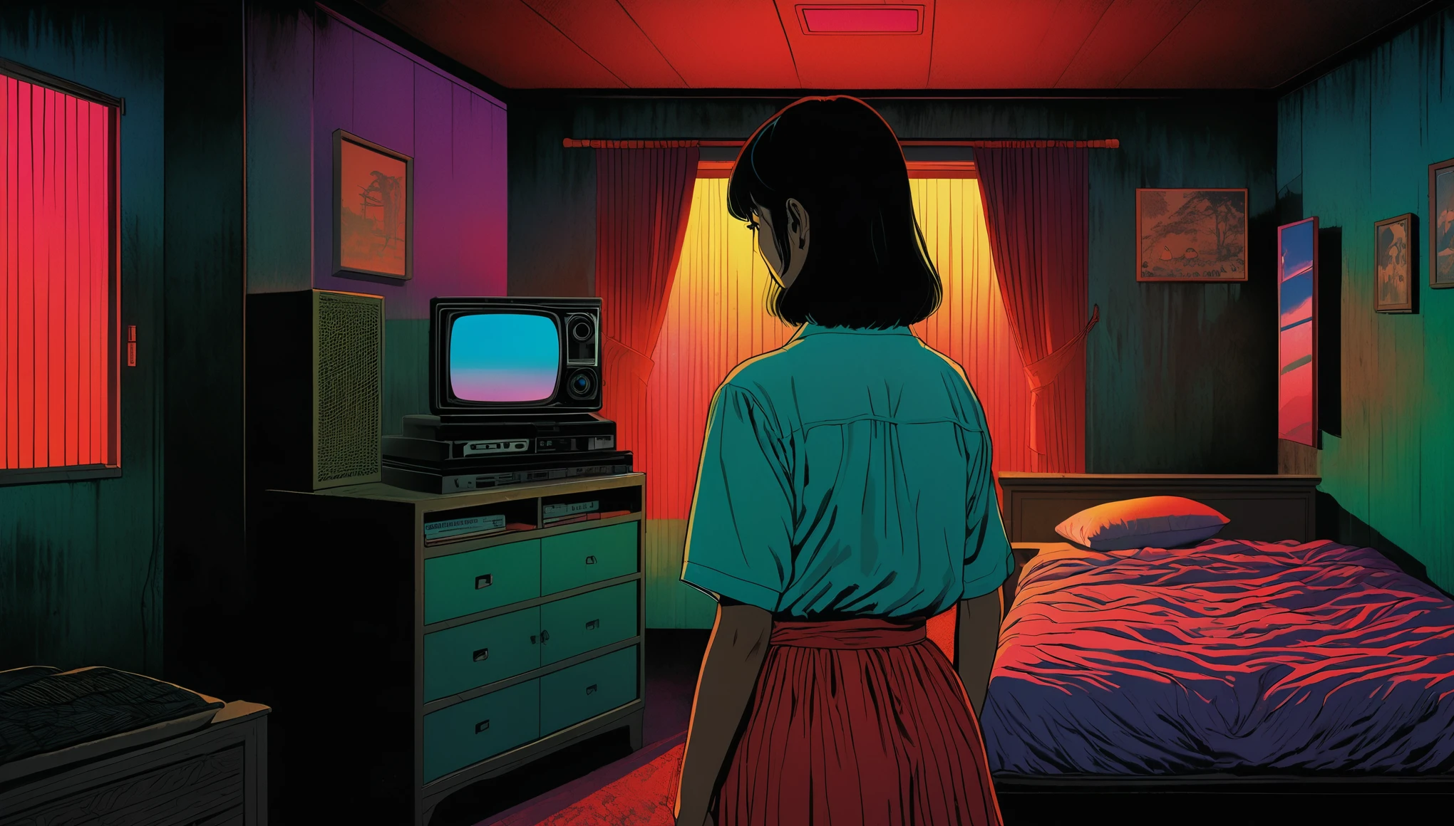 An illustration、art、80s Thai horror movie poster, Supervised by Junji Ito、(Japanese-style room:1.2)、Attention to detail, Realistic Shadows、Analog Style, chromatic aberration, Surrealism、Complementary Gradient