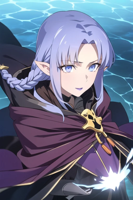 (masterpiece, sidelighting, finely detailed beautiful eyes: 1.2), glowing eyes, shiny hair, MedeaRobe, cloak, MedeaCas, water,  blue eyes, purple lips, braid, pointy ears,