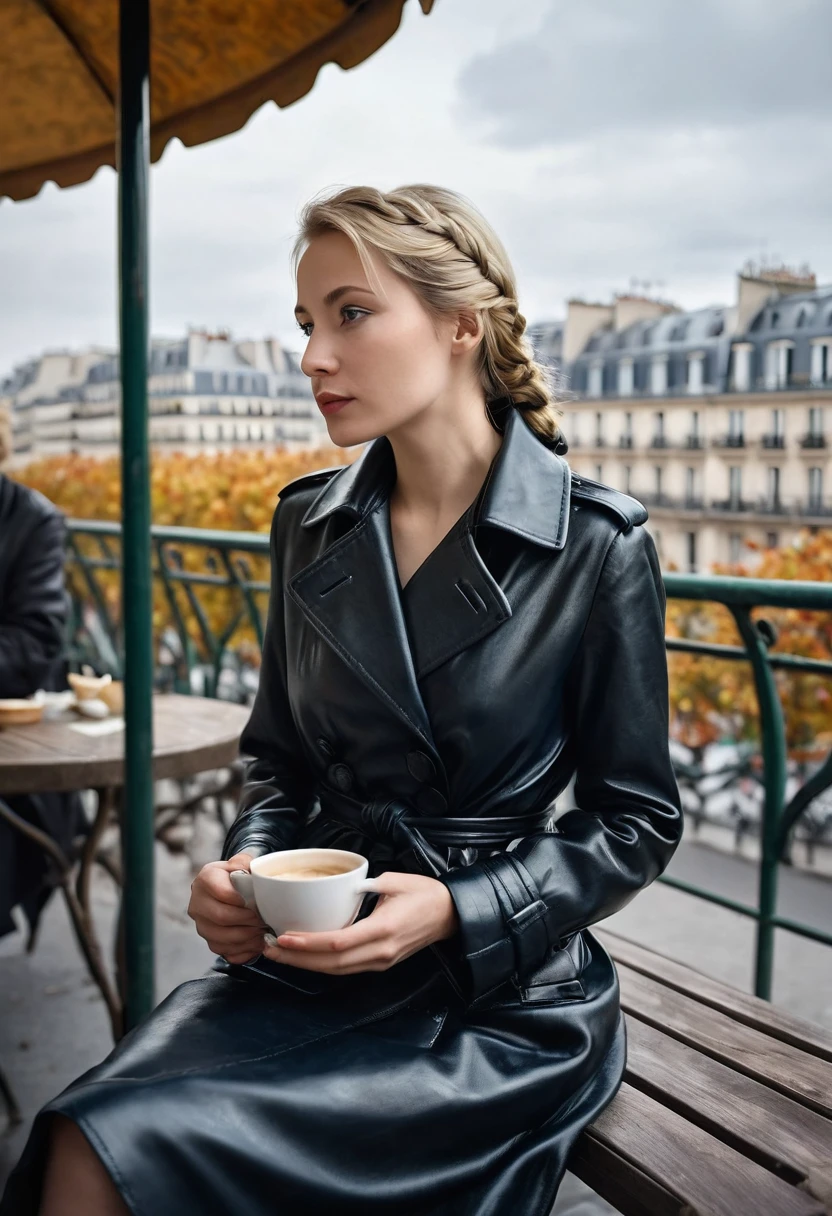 8K quality, ultra-high definition realism, an open cafe terrace in Paris in the 1930s, a mature woman is drinking coffee from a Chinese ceramic cup, the woman is holding the cup with both hands wrapped around it, her breath is white, steam is rising from the cup, the sky is gloomy and cloudy, the season is autumn, the woman is a spy for the German government, her skin is translucent white, her blonde hair is braided and tied up, she is wearing a black leather trench coat, her eyes are drawn in detail, the woman looks into the distance as if she is thinking about something, her blue eyes, her eyelashes are long, she is beautiful, she exudes an air of mystery, she is slim and intelligent, she is sitting with her legs crossed, the camera captures her beautifully, the background is the blurred city of Paris.