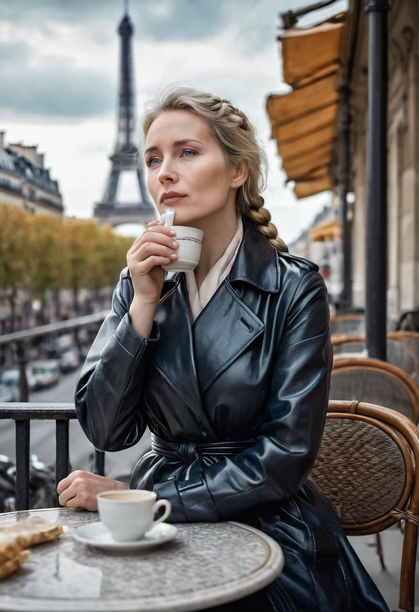 8K quality, ultra-high definition realism, an open cafe terrace in Paris in the 1930s, a mature woman is drinking coffee from a Chinese ceramic cup, the woman is holding the cup with both hands wrapped around it, her breath is white, steam is rising from the cup, the sky is gloomy and cloudy, the season is autumn, the woman is a spy for the German government, her skin is translucent white, her blonde hair is braided and tied up, she is wearing a black leather trench coat, her eyes are drawn in detail, the woman looks into the distance as if she is thinking about something, her blue eyes, her eyelashes are long, she is beautiful, she exudes an air of mystery, she is slim and intelligent, she is sitting with her legs crossed, the camera captures her beautifully, the background is the blurred city of Paris.