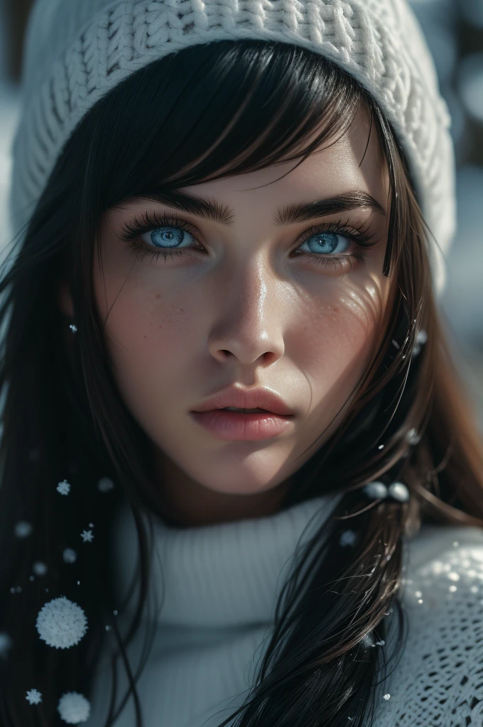16 years old Megan Fox, ultra-detailed Nordic eyes, ((bangs)), knit sweater, winter snow, (((masterpiece, ultra-detailed face))).