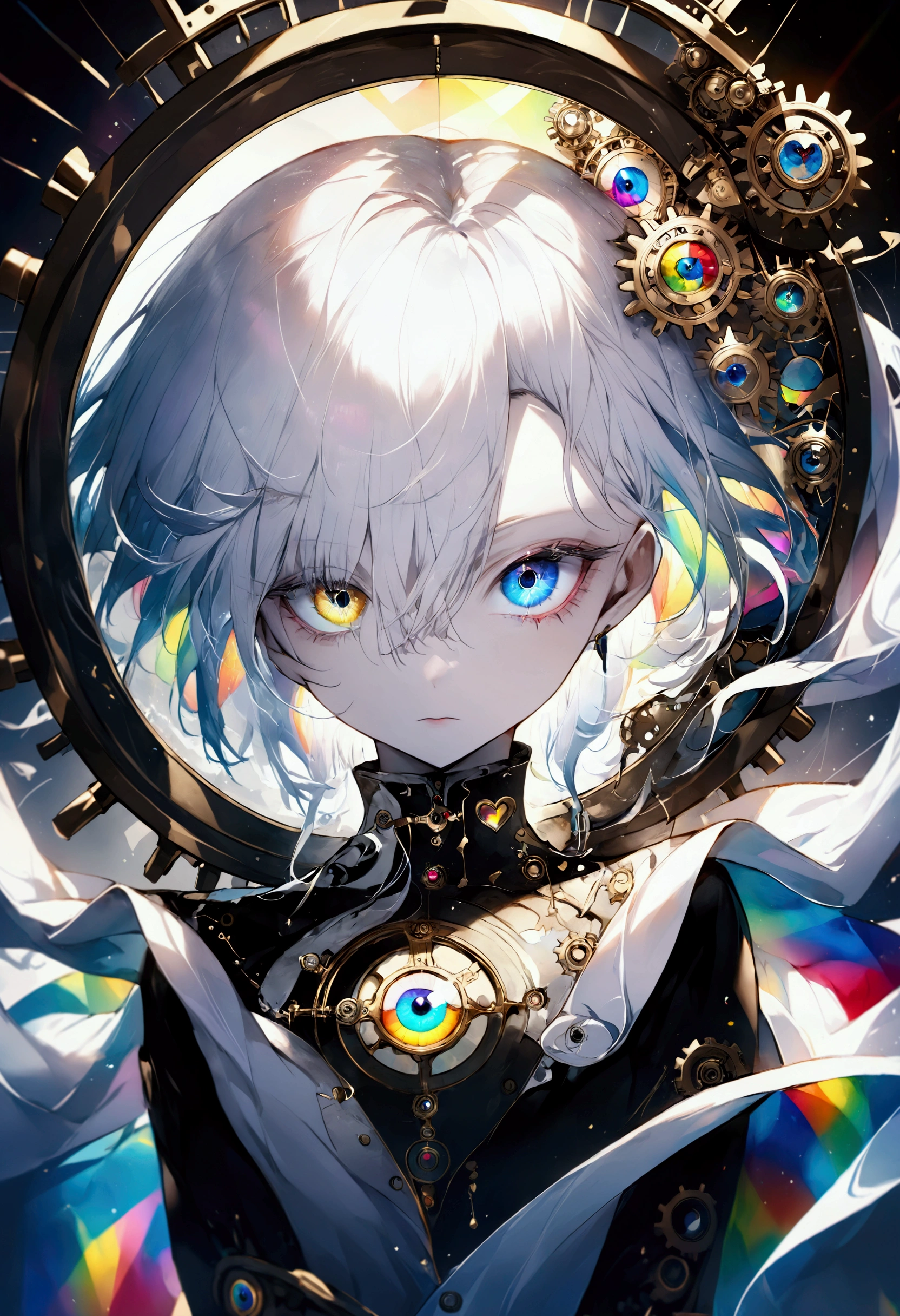 Highest quality, Super Fine, 16K, Incredibly absurd, Very detailed, delicate and dynamic, A stained glass kaleidoscope made of gemstones of different colors, With mechanical mechanism, Clockwork mechanics, and gear mechanism, A monochrome girl peering into it, (Heterochromia iridis, Star-shaped pupil, Heart-shaped pupils), Lighting Effects, Prism Effect, Mirror Effect, Rainbow World Artwork 、fractal、Tyndall、Millefolio、