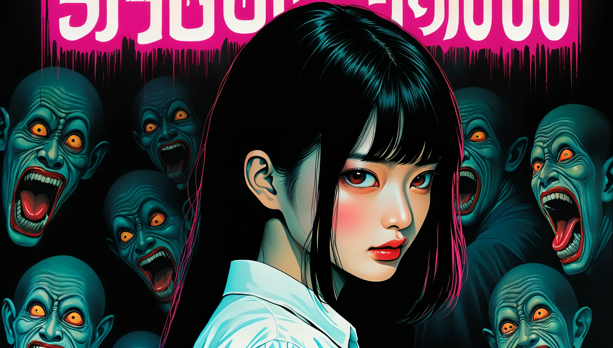 An illustration、art、80s Thai horror movie poster, Supervised by Junji Ito、(White Shirt:1.0)、evening、Attention to detail, Realistic Shadows、Analog Style, chromatic aberration, Surrealism、Complementary Gradient