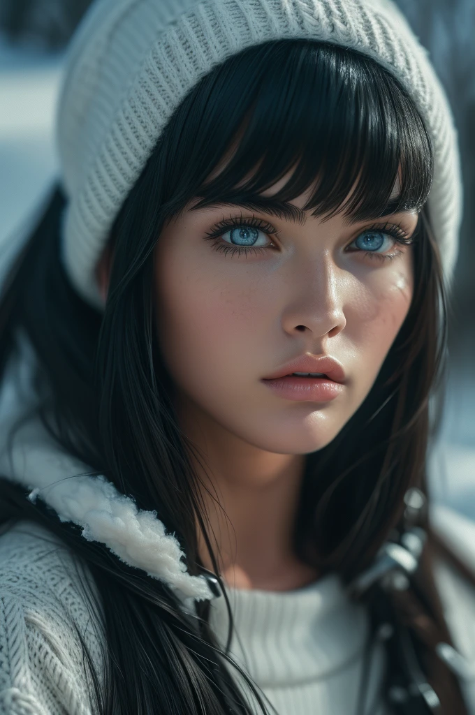 16 years old Megan Fox, ultra-detailed Nordic eyes, ((bangs)), knit sweater, winter snow, (((masterpiece, ultra-detailed face))).