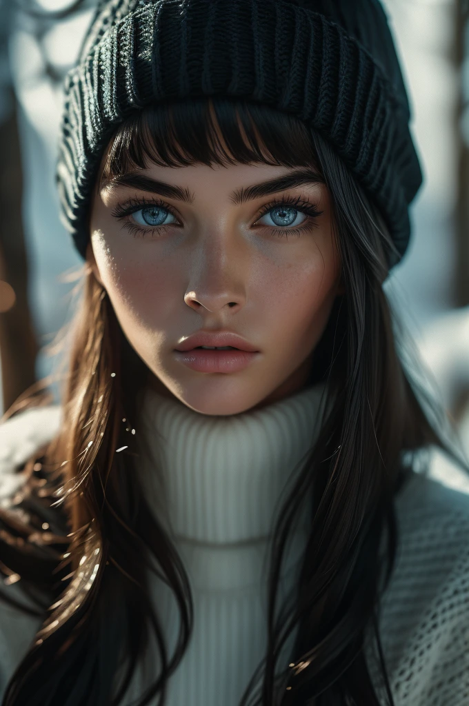 Megan Fox, ultra-detailed Nordic eyes, ((bangs)), knit sweater, winter snow, (((masterpiece, ultra-detailed face))).
