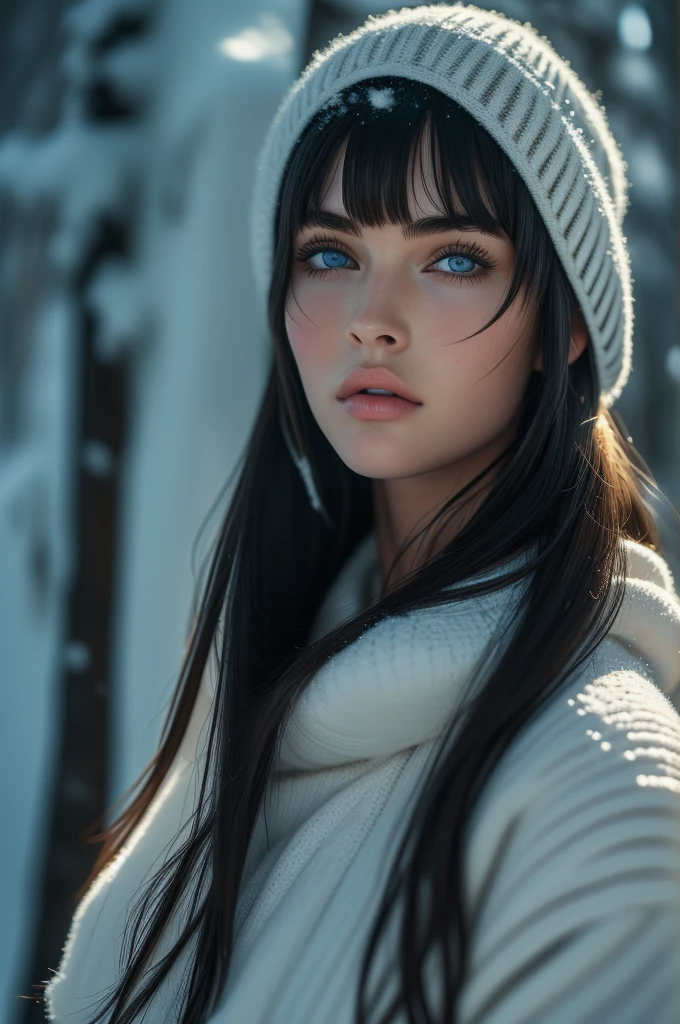 16 years old Megan Fox, ultra-detailed Nordic eyes, ((bangs)), knit sweater, winter snow, (((masterpiece, ultra-detailed face))).
